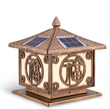 Solar pillar light with coin-and-Fu motif, aluminium body, 250 mm, Weichun Lighting