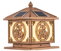 Solar pillar light with glazed-tile cap, Fu-character motif, aluminium body, 250 mm, Weichun Lighting